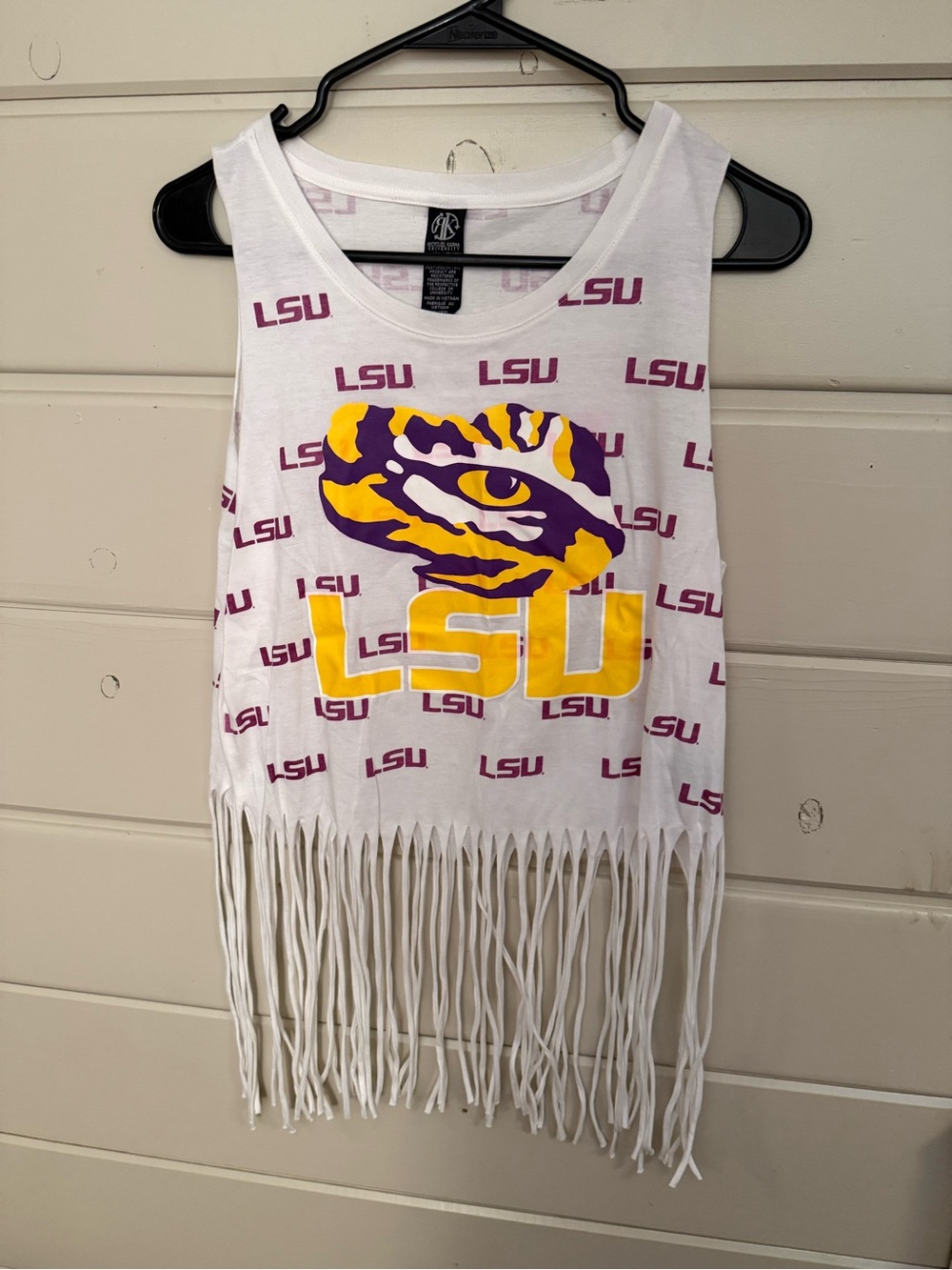 Recycled Karma White Tank Top with Purple & Gold LSU Graphics